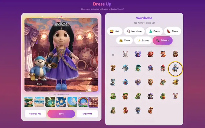 Dress-up on a laptop: choosing a princess's outfit from the wardrobe