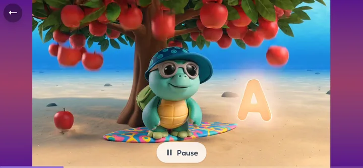 A Letters lesson on a phone held sideways: Sammy the turtle beside a glowing letter A